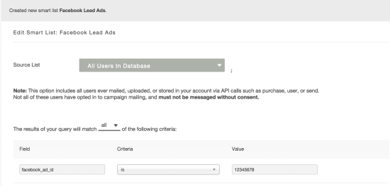 Facebook Lead Ads - Using Query builder, create a Smart List in Sailthru of all users from a specific Facebook Ad who have spent at least 100