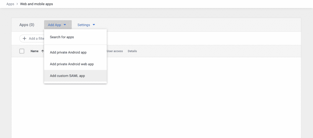 Add custom SAML app selected in gray on the Add App dropdown menu.