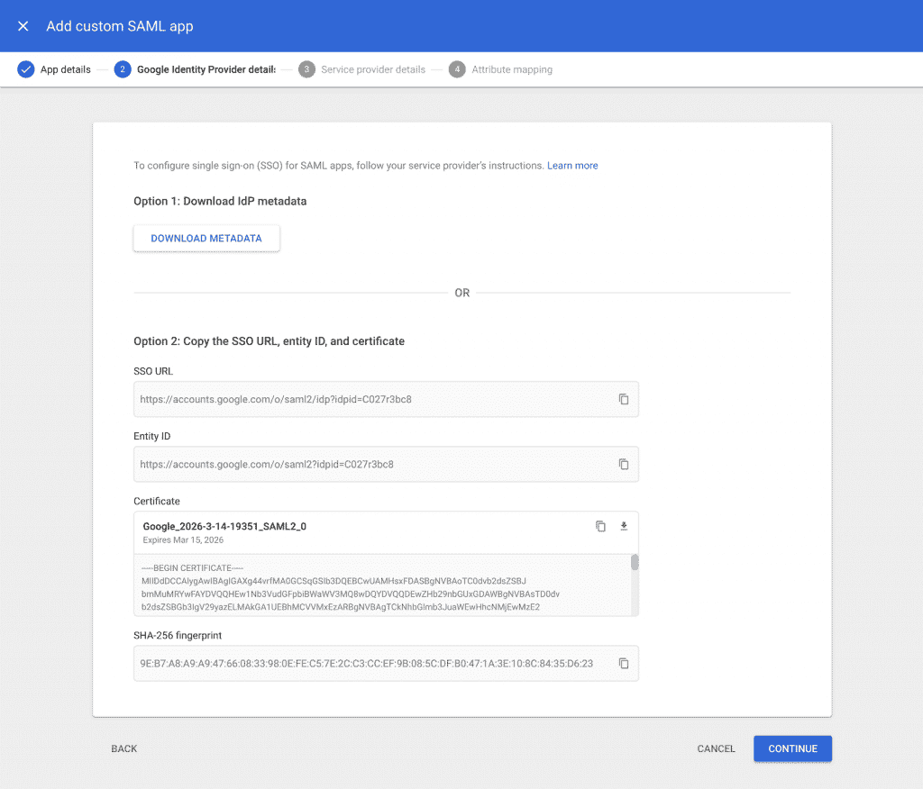 The Google Identity Provider screen.