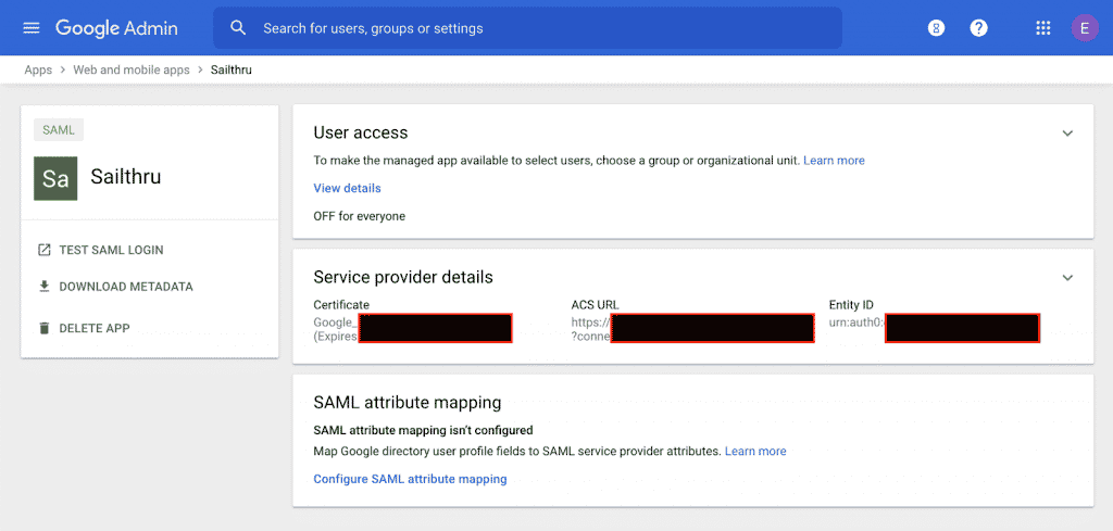 Your app in the Google Admin console.