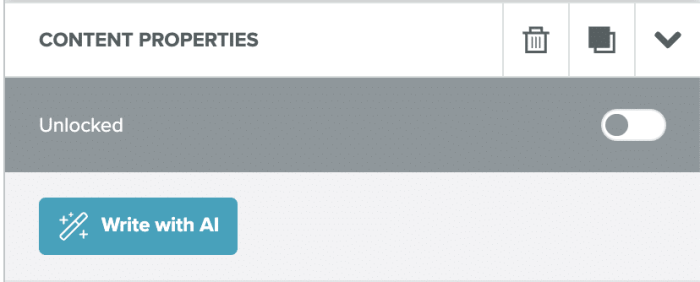 blue write with AI button underneath the lock bar in the paragraph content properties panel
