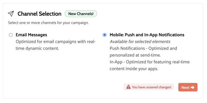 Use the channel selector to set the sending channel: email or mobile